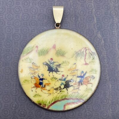 Large Vintage 1930s Persian Landscape Scene on Horseback Necklace Pendant 2.5”