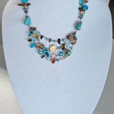 Vintage Native American Bib Turquoise & Beaded Signed Necklace