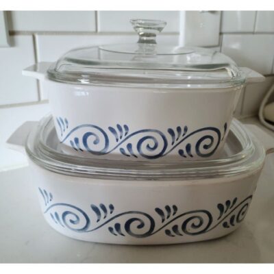 VTG Corning Ware Ocean View White Blue Casserole Baking Dish Pyrex Lid 1.5 & 2 Q