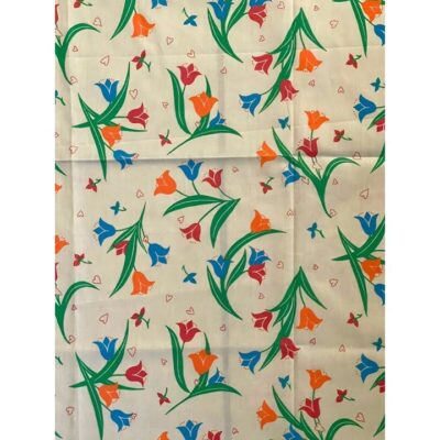 Vintage Tulip Hearts Floral Print Cotton Fabric Blue Red Orange Green 76” X 44”