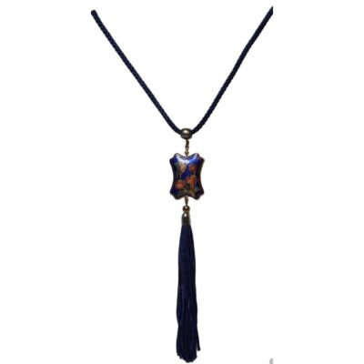 Vintage Blue Cloisonne Pendant Butterfly Flower Tassel Cord Necklace Jewelry