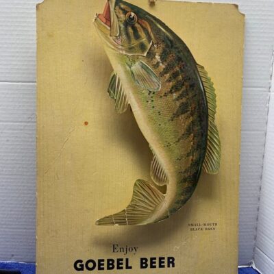 12 1/2×18” Vintage 3-D Goebel Beer Smallmouth Black Bass Fishing Sign Placard