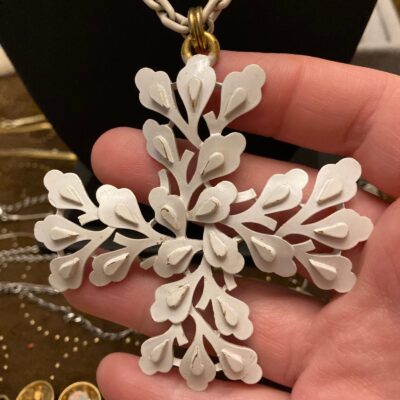 Vintage Crown Trifari Signed White Enamel Maltese Cross Necklace 50s 60s MCM