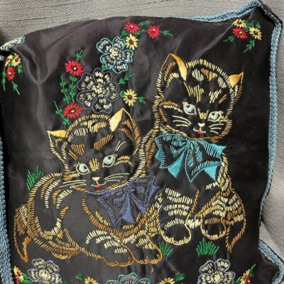 Vintage Hand Embroidered Pillows W/ Kittens & Flowers