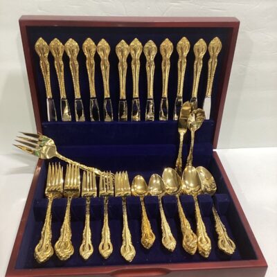 Cooks Essentials Gold Flatware Stainless Steel Serves 12 in Wood Box