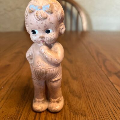 VINTAGE KEWPIE Doll Composition Frozen Doll Blue Bow, Side Glancing Blonde