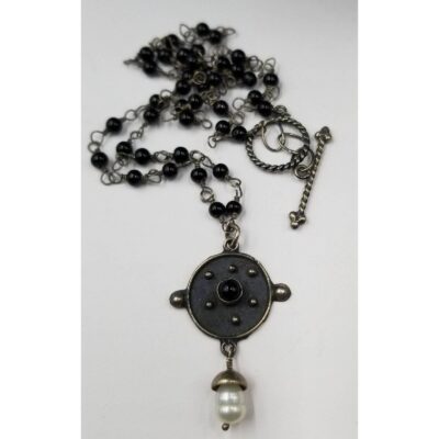 Vintage Black Beads .925 Black Onyx Baroque Pearl Drop Pendant Necklace W402