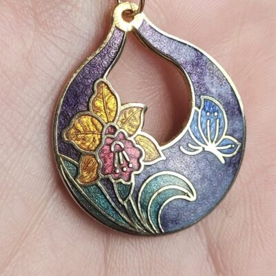 Vintage Cloisonne Purple Butterfly Floral Pendant Necklace