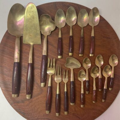 17 pc rosewood and brass midcentury 60s flatware utensils