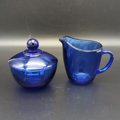 Vintage cobalt blue Anchor Hocking glass creamer and sugar bowl set