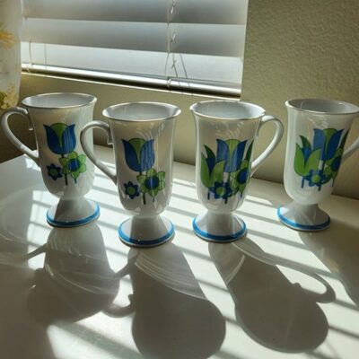 4 Vintage Blue & Green Pedestal Flower Mugs