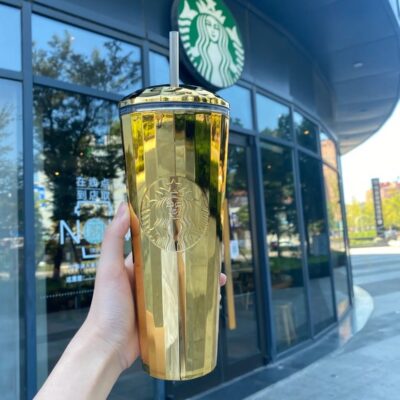 BNWT Starbucks Gold Glossy Tumbler Cold Cup 710ML 24oz