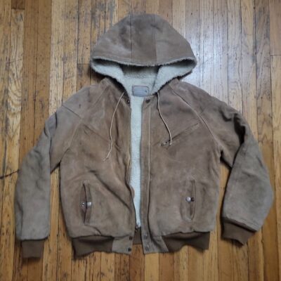 VINTAGE Suede LEATHER Sherpa Lined JACKET Hoodie COAT Zip VNTG Hooded 38 SF