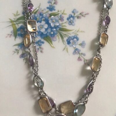 Vintage sterling silver Amethyst Blue Topaz Lemon Quartz link station necklace