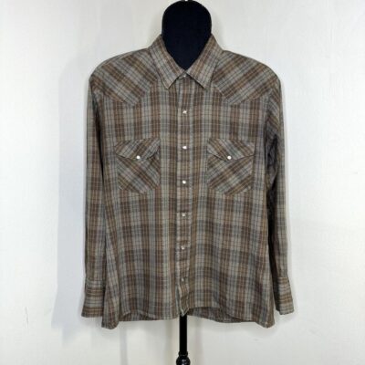 Vtg Silver Collection By Karman Western Pearl Snap Shirt Mens L? Brown Plaid