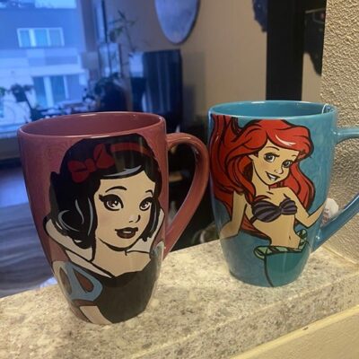 2 Vintage Retro Blue Ariel and Red Snow White Disney Coffee Mugs