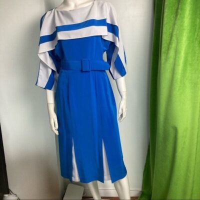 Vintage Positive Influence Dress Boatneck Blue with white ruffle and box pleat