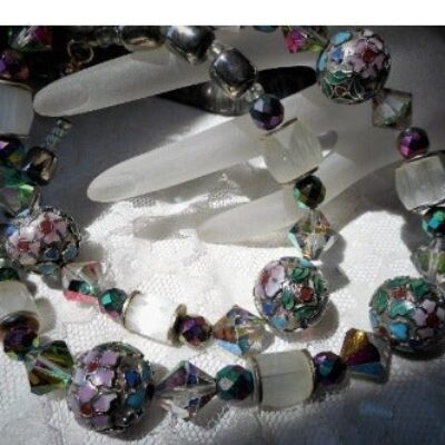 Rare Vintage Champlevé Cloisonné Enamel Bead Kinetic Crystal Stunning Necklace