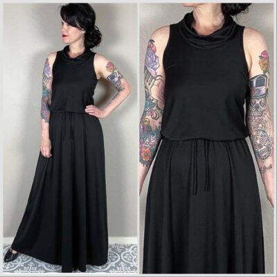 Vintage 1970s Black Sleeveless Cowl Neck Maxi Dress