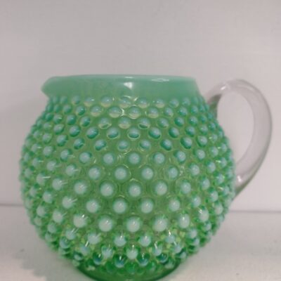 Antique Fenton Green Opalescent Hobnail Squat Pitcher