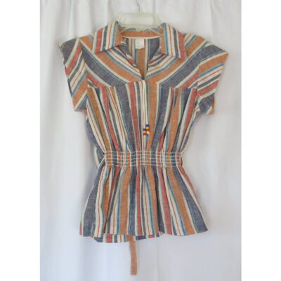 VINTAGE 1970 Rhapsody Boho Top Size 34 *Small* Peasant Striped Collared  Beads