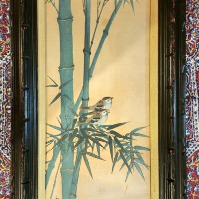 Ohara Kosonn”Two Tree Sparrows Between Bamboo” Framed Original Block Print