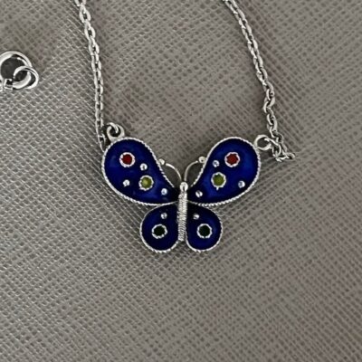 Van Lou Sterling Silver Blue Butterfly Pendant Necklace