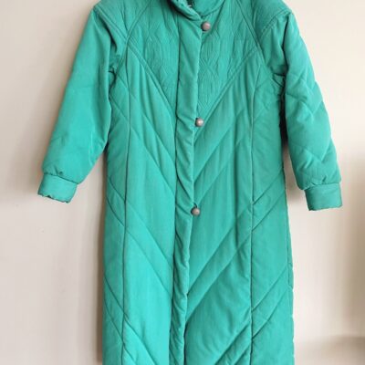 Vintage 80s Womens Turquoise Puffer Coat with Embroidered Detail