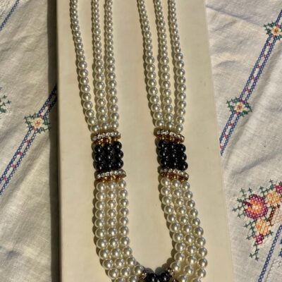 Hematite and Faux Pearl Triple Strand Necklace Signed G. Silver