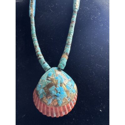 Vtg Santo Domingo Heishi Rolled Turquoise Inlay Oyster Shell Rare Bone Necklace