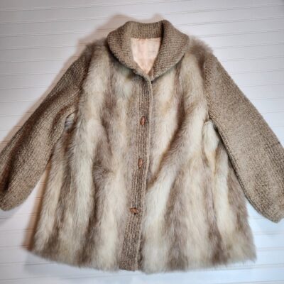 Dubrowsky and Perlbinder | Vintage Cream & Tan Faux Fur Coat with Sweater Large