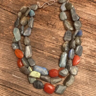 Vintage Sterling Silver, Labradorite, and Carnelian Agate Necklace by J Landa