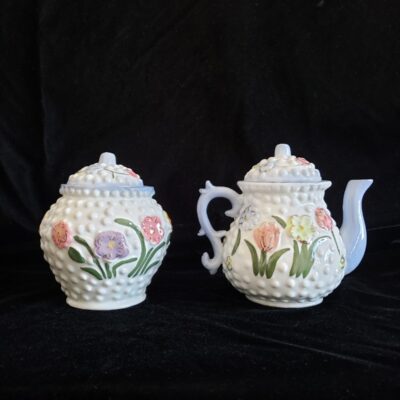 Vintage Set of Teapot and Sugar Bowl  Flowers /Gold Trim Сonvex Pattern.