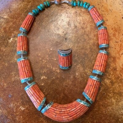 Silver, Turquoise and Coral Necklace and Ring Set