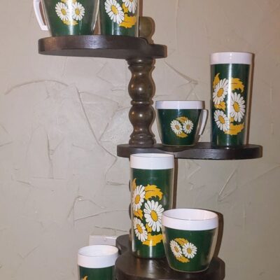 Vtg MCM 8 Westbend Thermo-Serv Green Daisy Insulated Tumblers Coffee Cups Mugs