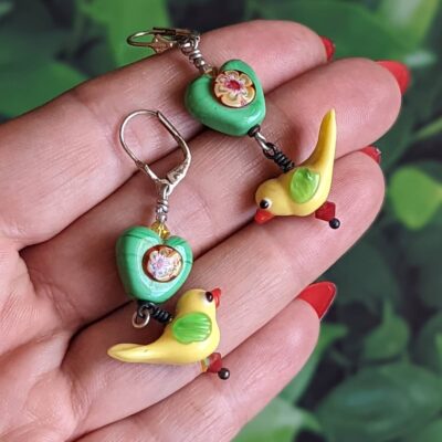 Vintage Lampwork Bird Earrings – Art Glass Bead Hearts Wrapped Sterling Silver