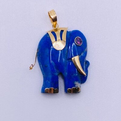 14K Yellow Gold, Lapis Lazuli & Amethyst Hand Carved Elephant Necklace Pendant