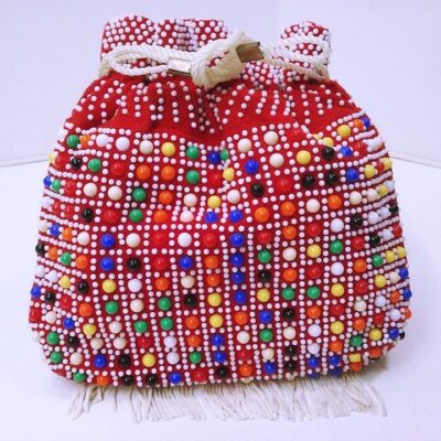 Vintage 60-70s Plastic Dot Bead Bag Hong Kong 9×9 Drawstring Fringe Colorful Red