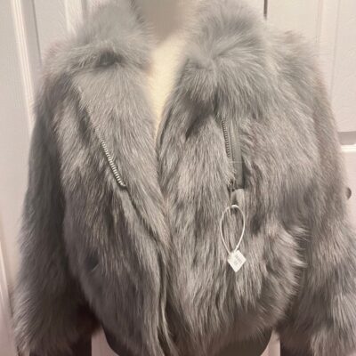 Grey Real Fox Fur & sheepskin leather overcoat jacket