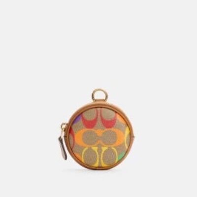 Coach Round Hybrid Pouch In Rainbow Signature Canvas NEW