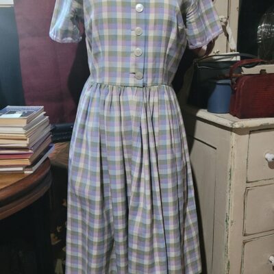 1950s vintage sage green & purple gingham fit and flare dress