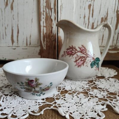 Antique Ironstone Moss Rose Pitcher & Porridge Bowl