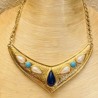 VTG Designer Necklace Collar Massive Turquoise Pearl Cabochon Gold Glamour Avon