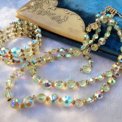 Vintage Rare 50s HOBÉ Glass Golden AB Crystal 2 Strand Necklace Bracelet Set