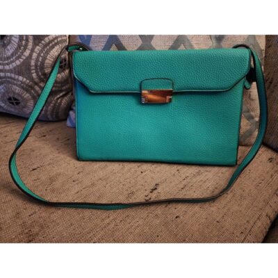 VINTAGE 12×8 Handbag Purse NoName Teal BLUE Green Faux Leather RARE