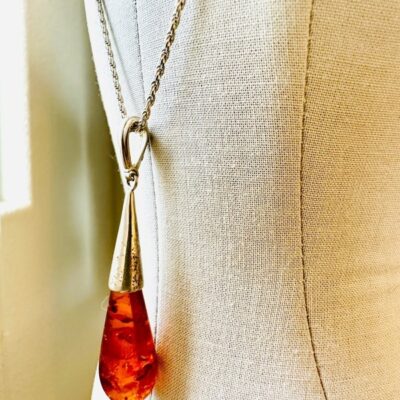 Vintage Amber Silver Pendant Necklace