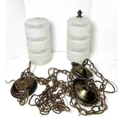 MCM White Frosted Double Hang Swag Lamps Brass Color Hardware One Finial Missing