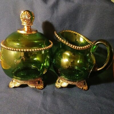 Vintage Green and Gold Trim Creamer and Sugar Bowl Set