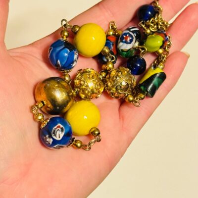 VTG Venetian Murano Art Glass Necklace Italy Beaded Collar Rare Bold Blue Yellow