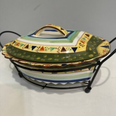 4 pc Temptations covered casserole dish wire wicker holder green yellow 1 1/2 qt